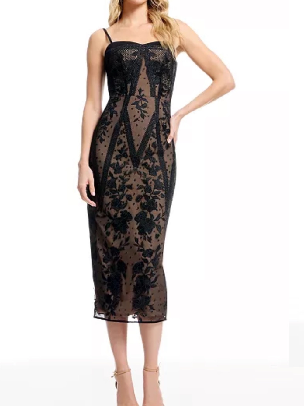 Dress the Population Black Lace-Overlay Midi Dress